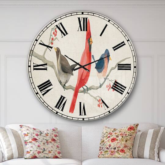 Designart 'Red Farmhouse Bird On Branch Painting Farmhouse Wall Clock